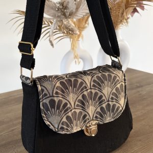 Sac à bandoulière en jean recyclé noir et tissu géométrique éventails