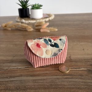 Porte-monnaie en velours côtelé terracotta et tissu lin à fleurs