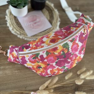 Sac banane en tissu à fleurs rose et orange