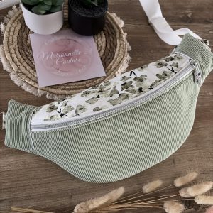 Sac banane en velours côtelé vert et tissu en lin vert