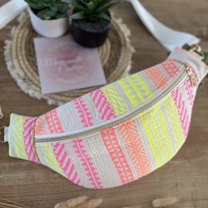 Sac banane en tissu rose jaune orange fluo à rayures