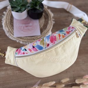 Sac banane en jean jaune et tissu imitation peinture