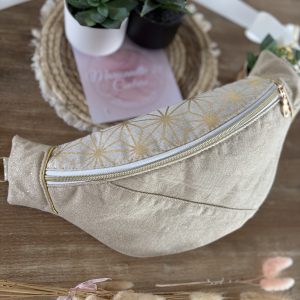 Sac banane en jean doré et tissu géométrique