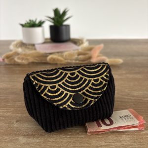 Porte-monnaie en velours côtelé noir et tissu écailles dorées