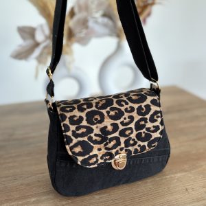 Sac à bandoulière en jean recyclé noir et tissu léopard