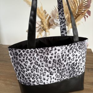 Sac cabas en simili cuir noir et tissu léopard gris