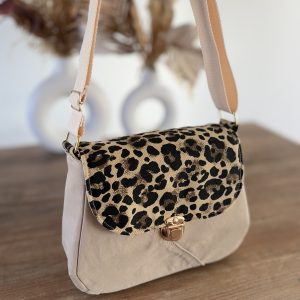 Sac à bandoulière en jean recyclé beige et tissu léopard