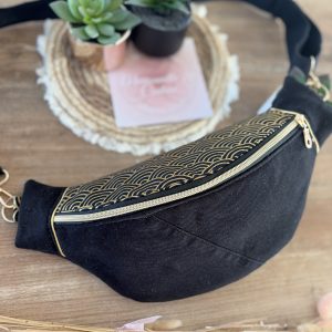 Sac banane unique et original en jean noir et tissu écailles dorées