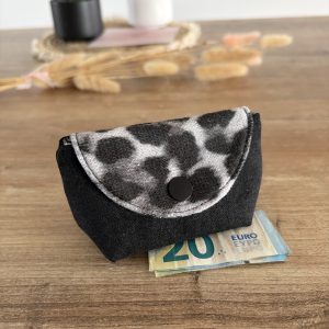 Porte-monnaie en velours côtelé noir et tissu léopard gris