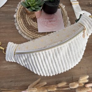 Sac banane unique et original en velours côtelé écru et tissu étoiles dorées