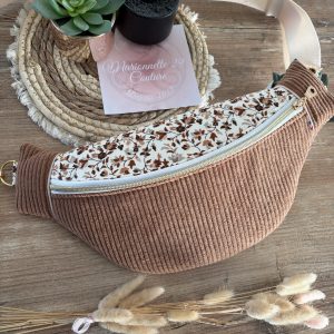 Sac banane unique et original en velours côtelé marron et tissu à petites fleurs