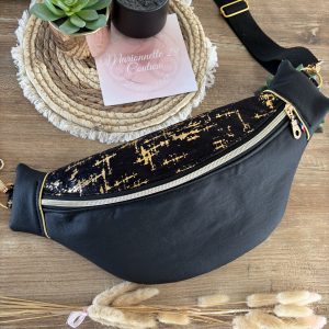 Sac banane unique et original en jean noir et tissu marbré doré