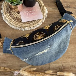 Sac banane unique et original en jean bleu et tissu éventail doré