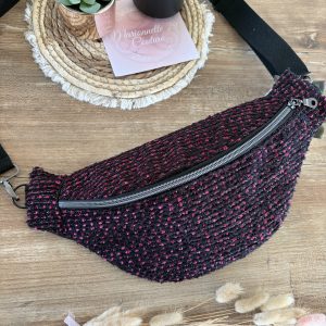 Sac banane unique et original en tissu tweed noir et rose à paillettes